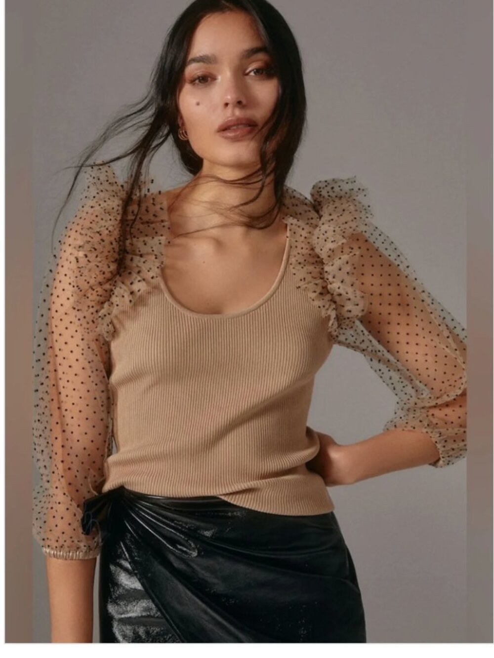 Dolan Left Coast Anthropologie Polka Dot Tulle Sleeve Ribbed Top | Size M